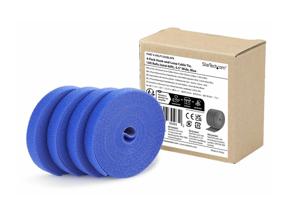 StarTechcom 4-Pack 15ft Hook and Loop Roll Cable 4.6m HKLP1505BL4PK
