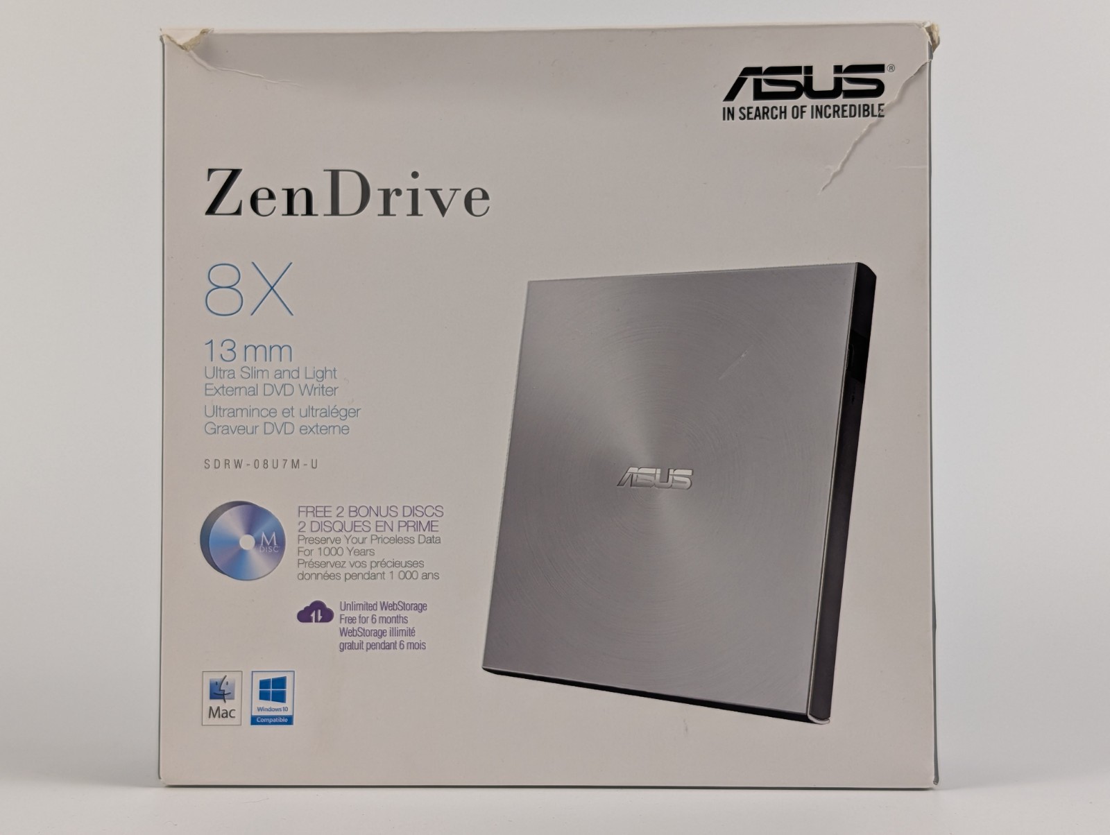 ASUS ZenDrive SDRW-08U7M-U External USB DVD Drive – Tested Working Original Box
