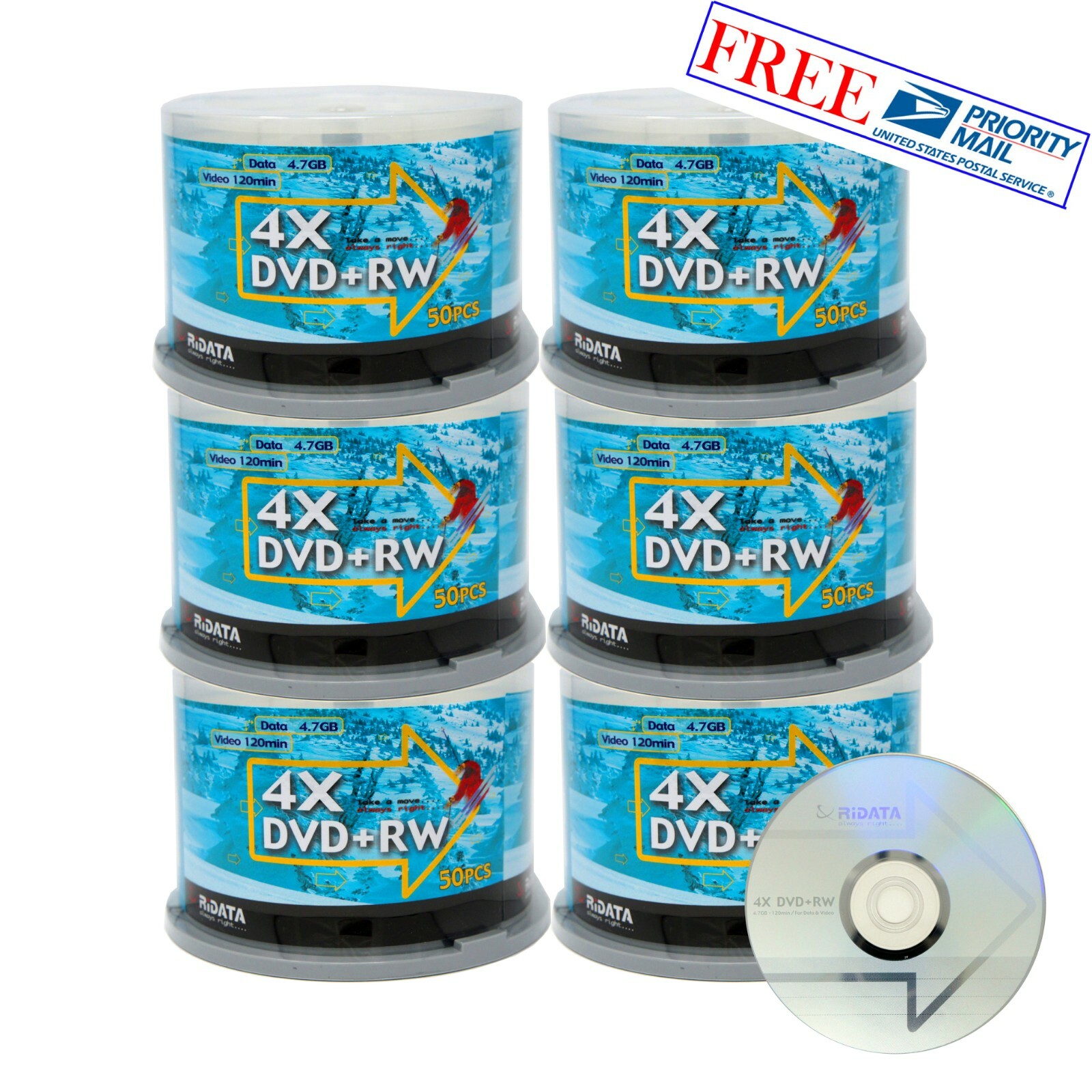 300 Pack Ridata DVD+RW 4x 4.7GB Silver Logo Rewritable DVD Plus RW Blank Disc