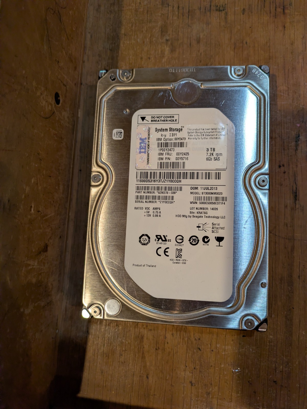 IBM ST3000NM0023 3TB 7.2K RPM 3.5" SAS Server Hard Drive 9ZM278-039