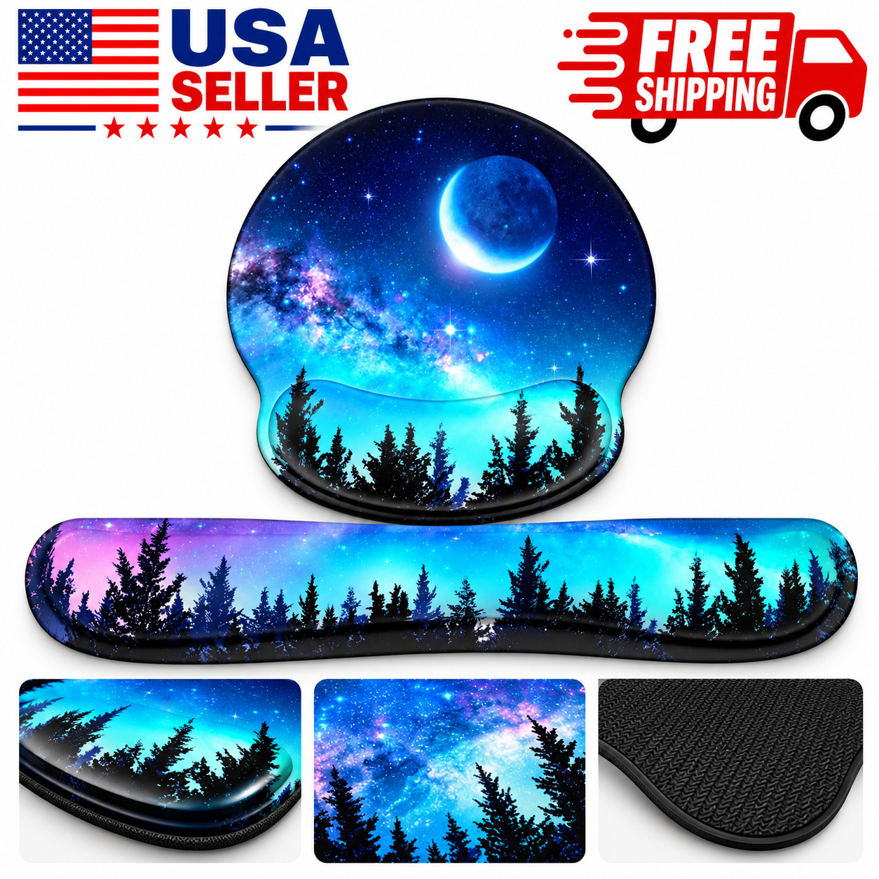 2PCS Set Blue Moon Memory Foam Gaming Keyboard & Mouse Wrist Rest Pad Non-Slip