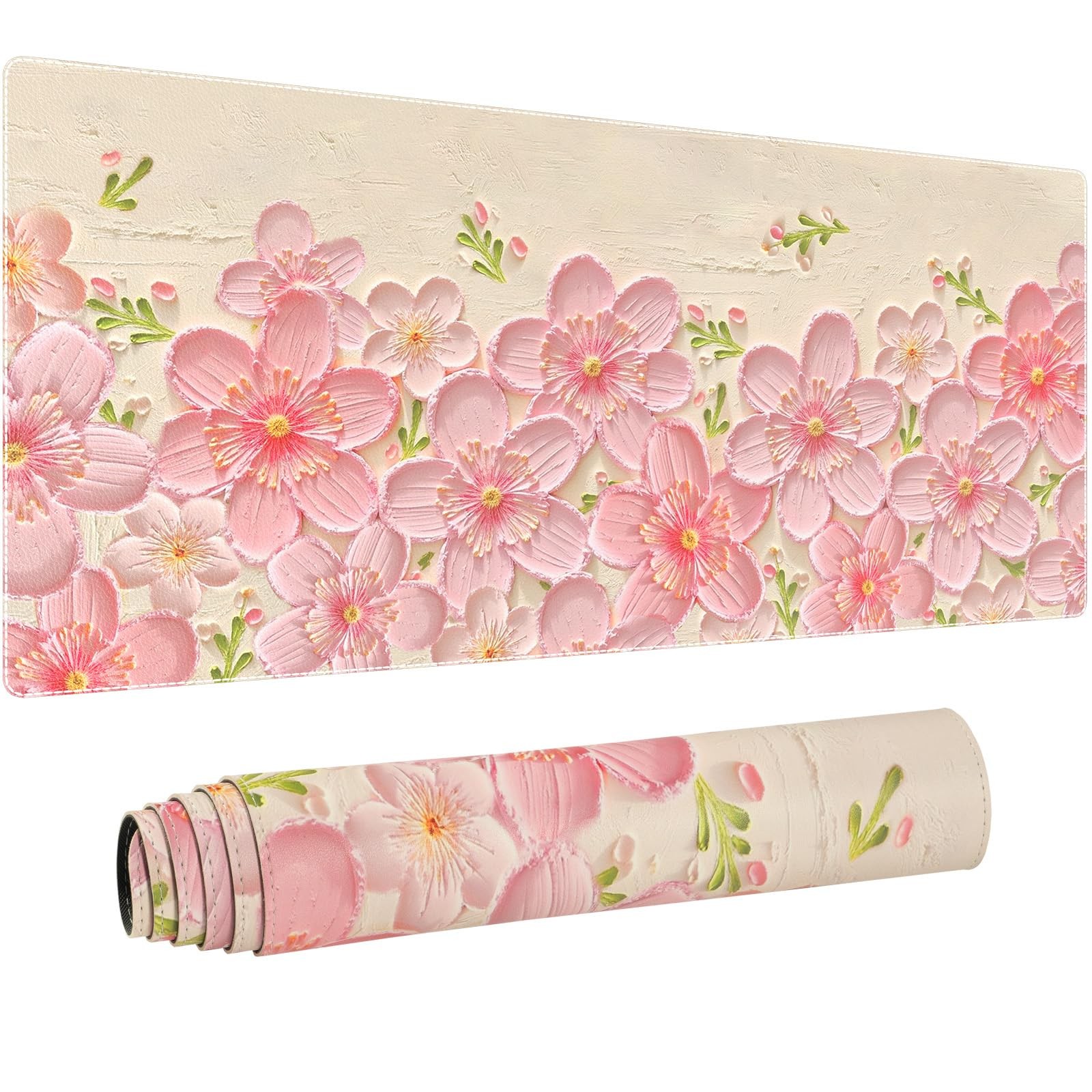 Floral Desk Mat, 35.4 x 15.7 Inch, 3D Flower Design, Pink