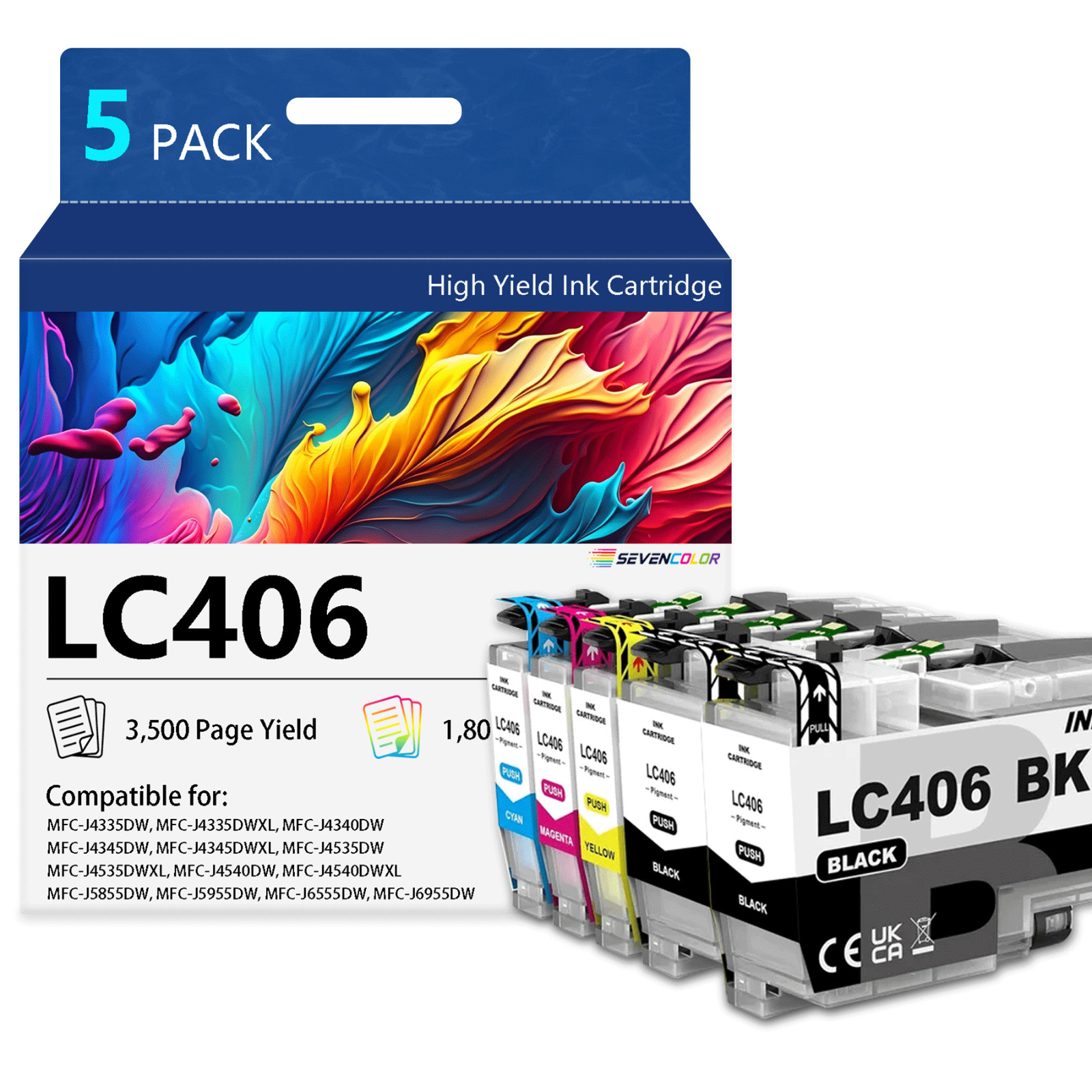 LC406 Ink Cartridge (5Pack, 2BK/CMY) | Work for MFC-J4335DW,MFC-J5855DW Printer