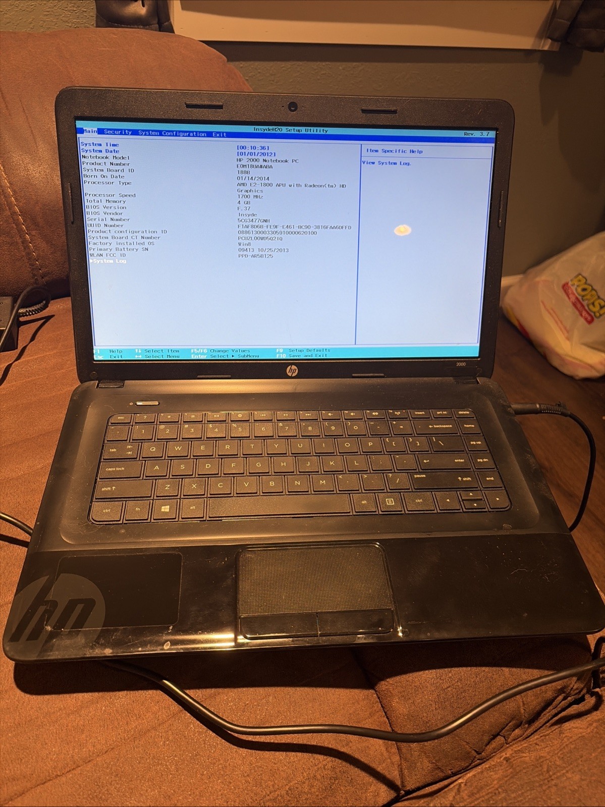 HP 2000 Laptop - Boots Into Bios - No HDD - Includes Charger