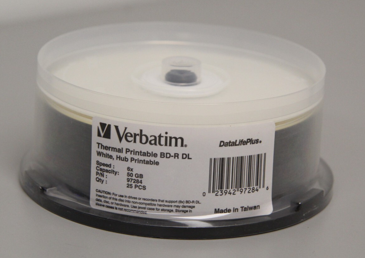 New Verbatim 97284 BD-R DL 50GB 6X DataLifePlus White Thermal Printable 25CT