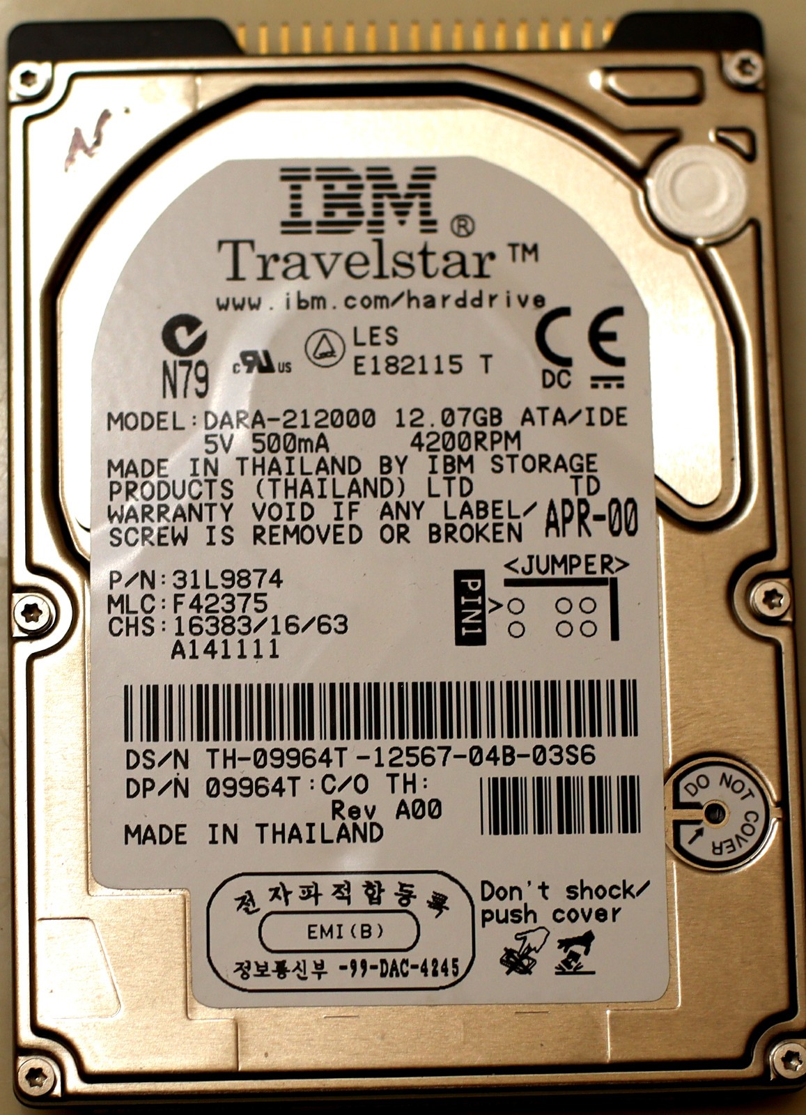 Vintage 2.5" IBM Travelstar DARA-212000 12.07GB IDE Laptop Hard Drive Warranty
