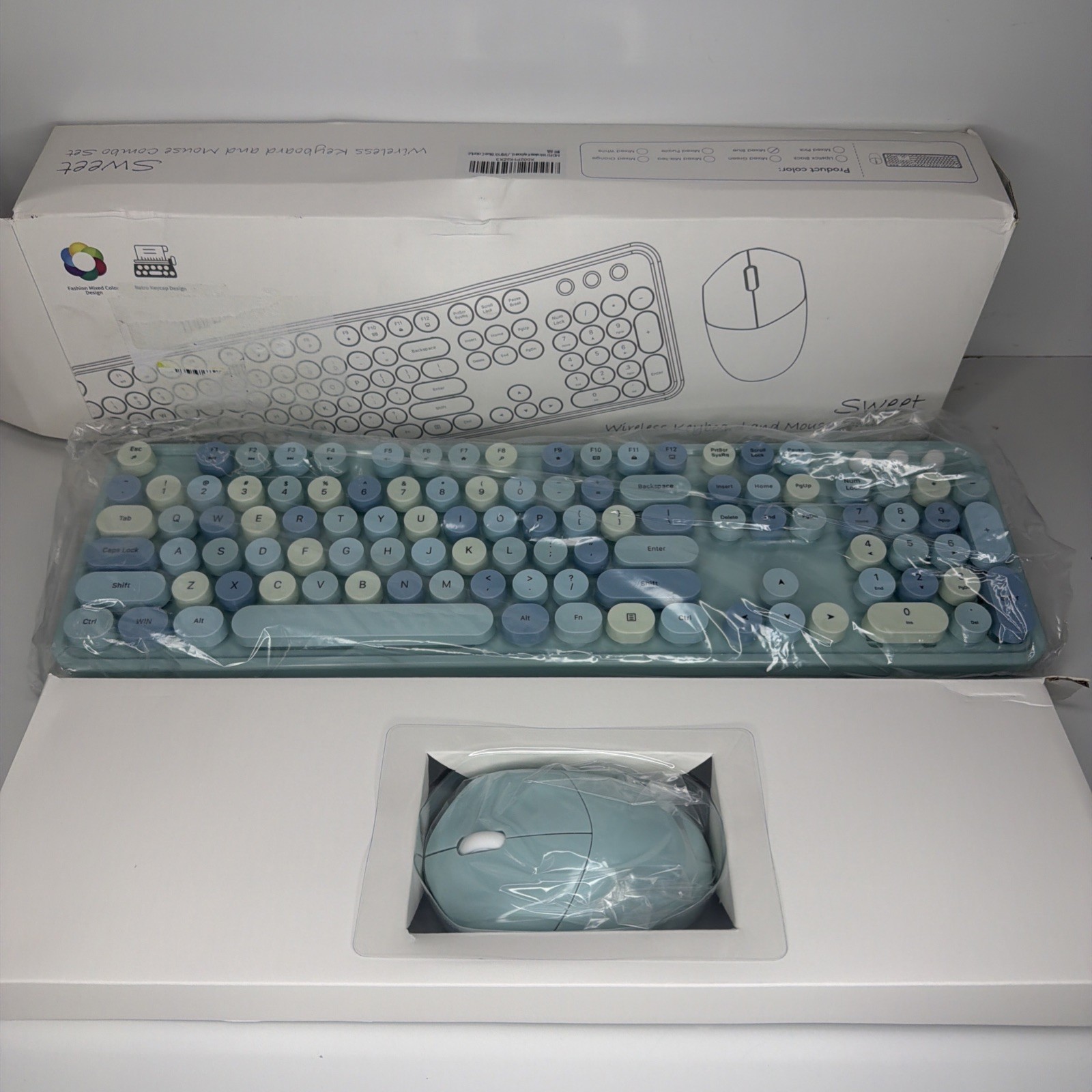 MOFII Wireless Retro Keyboard Mouse Set Blue Colorful Full Size for PC Laptop