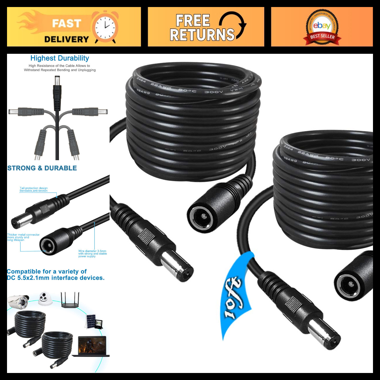 10FT DC Power Extension Cable 2-Pack, 5.5mm x 2.1mm for CCTV, LED Strip, Router