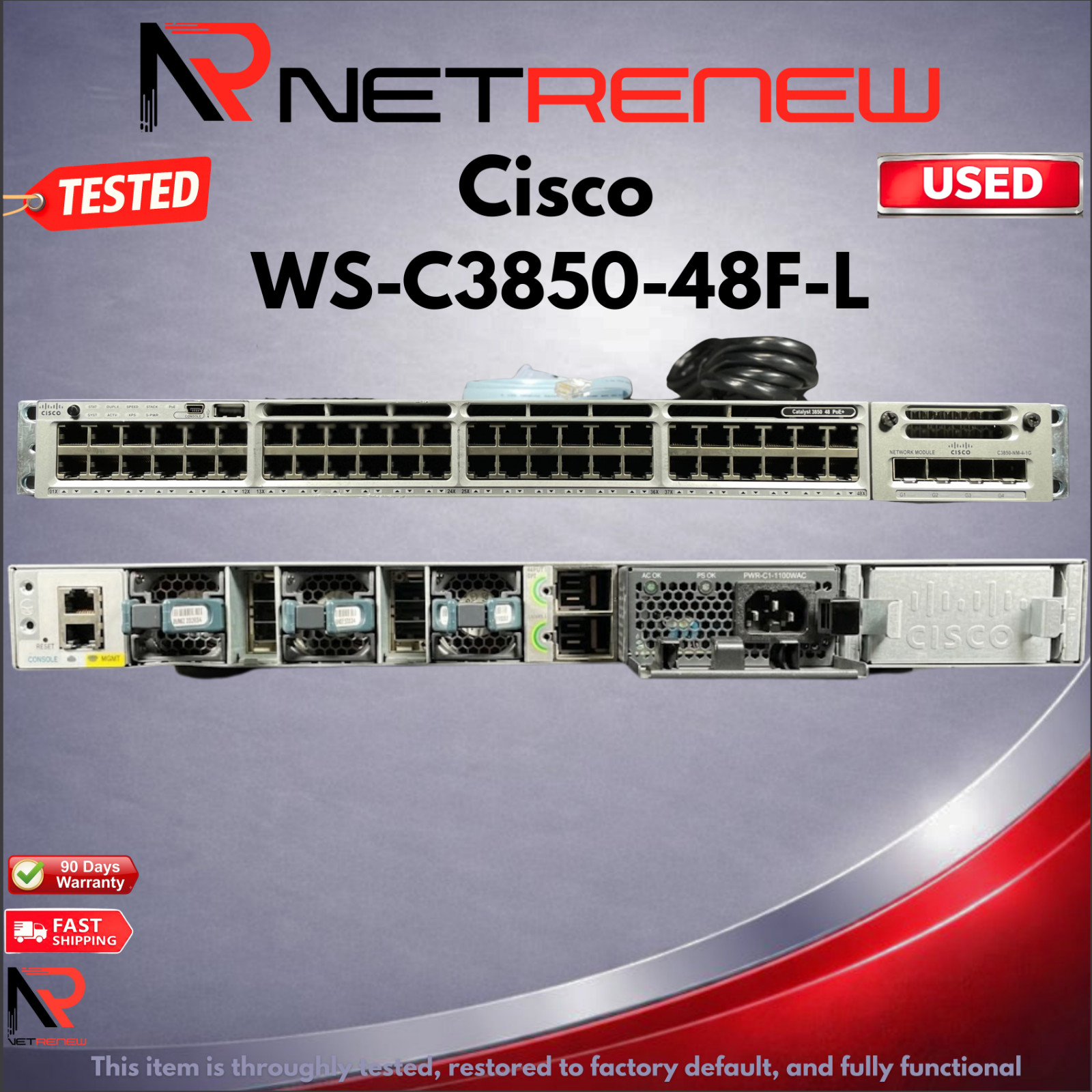 Cisco WS-C3850-48F-L 48-Port Full PoE+ Gigabit Switch  w/C3850-NM-4-1G