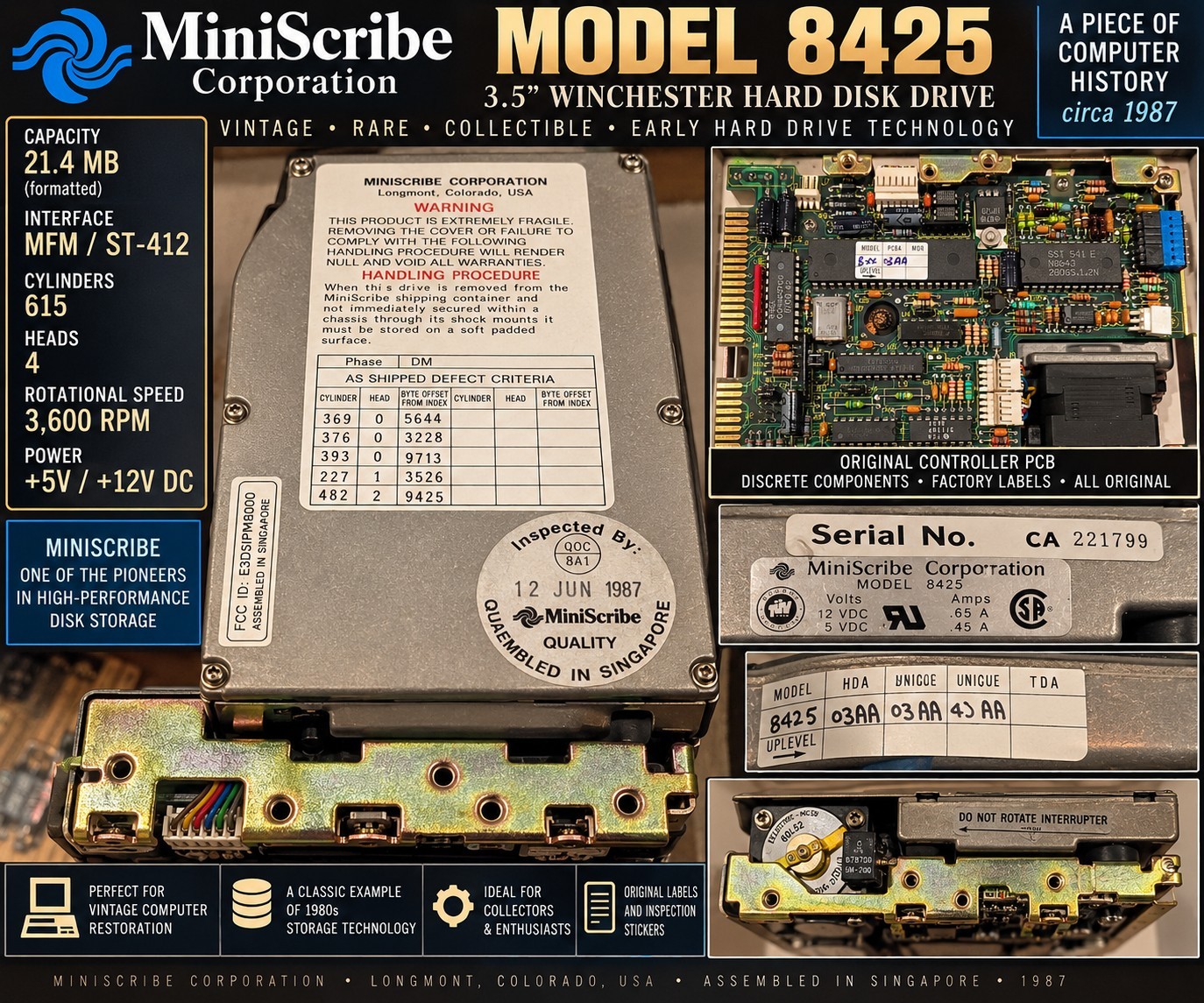 Vintage MiniScribe 8425 21MB MFM 3.5" Hard Drive HDD 1987 ST-412 Retro Computer