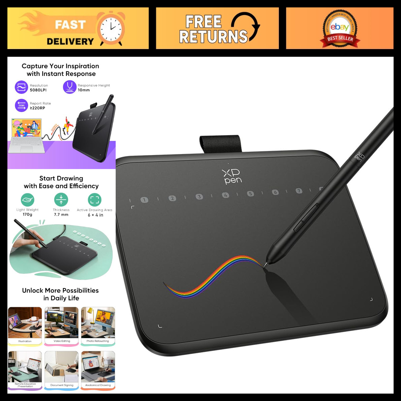 Drawing Tablet 6x4 Inch, 16384 Pressure Levels, Battery-Free Stylus, Graphic Pad
