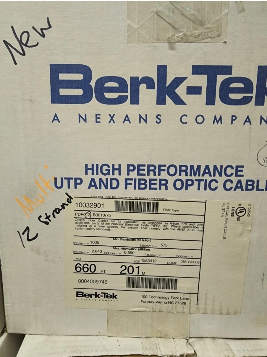 Berktek Plenum Fiber Optic Cable, OM2 Multi-Mode 12 Strand 50/125 660ft Spool