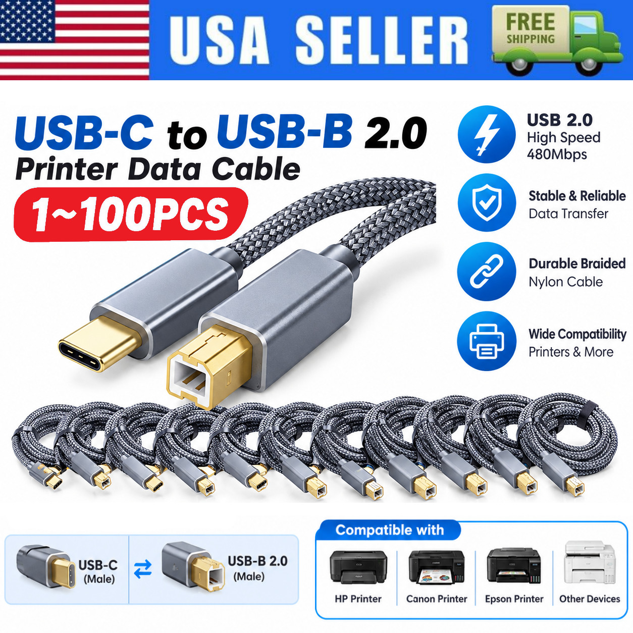 USB-C to USB-B 2.0 Cable For Nylon Epson HP Canon Brother Printer Scanner Lot