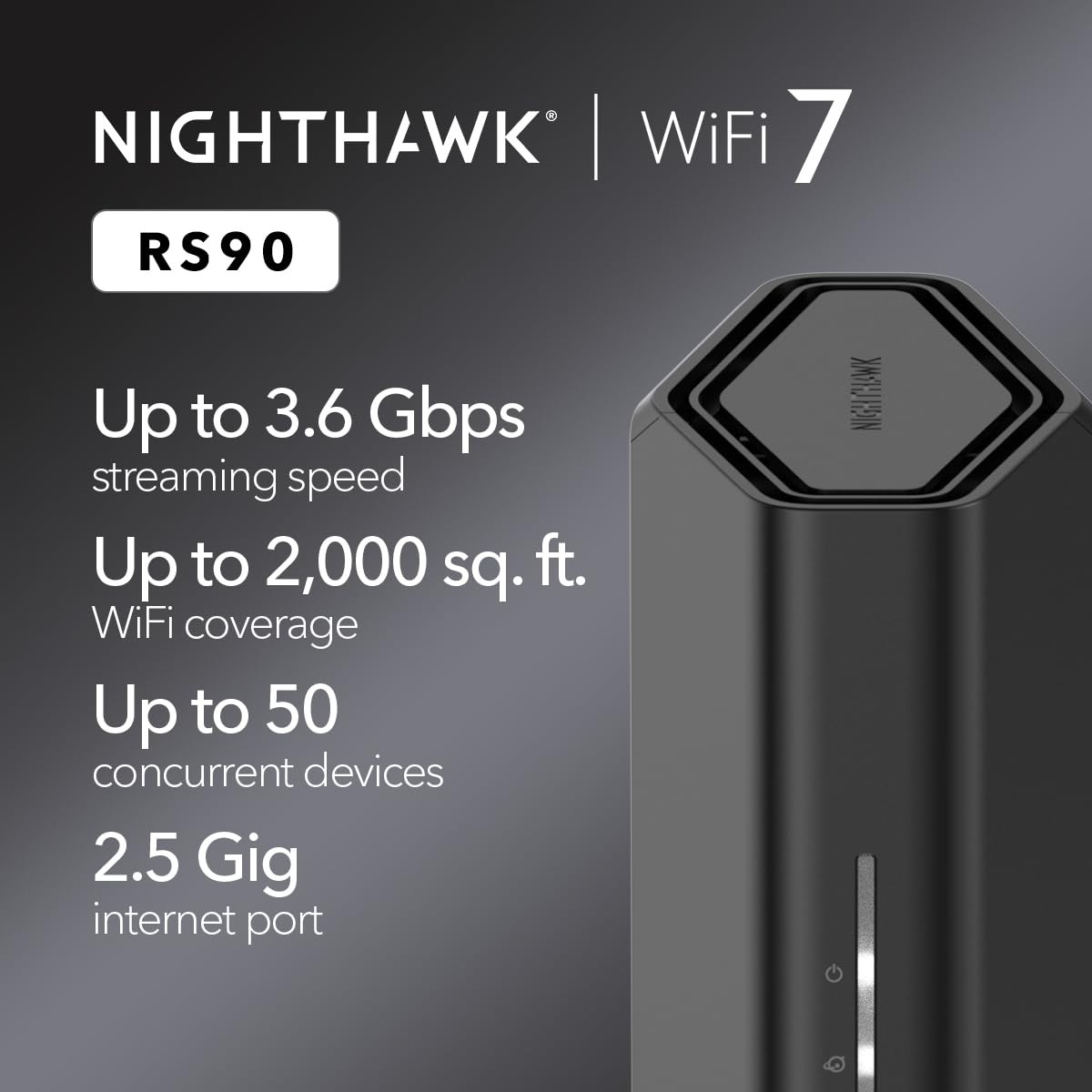 NETGEAR Nighthawk RS90 Dual-Band WiFi 7 Router, 3.6 Gbps Speed, Covers 2,000 Sq.