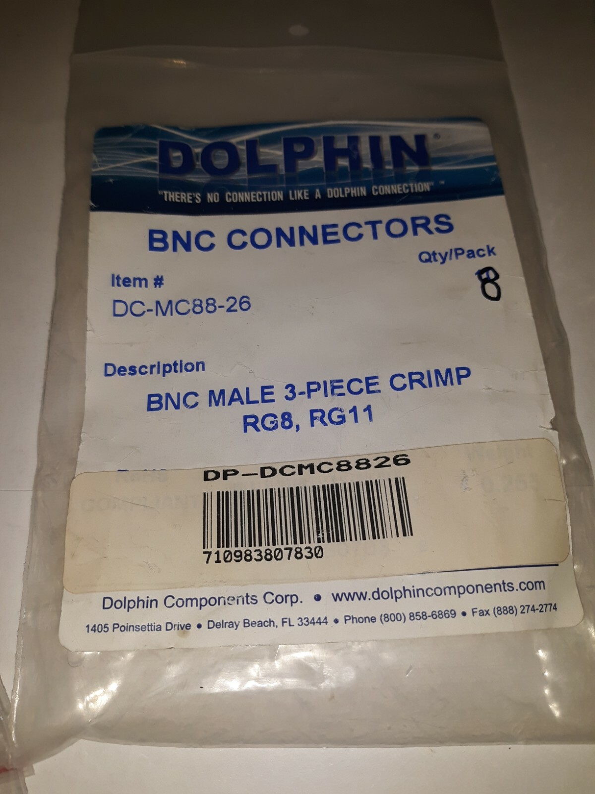 Dolphin Components Corp Dc-Mc88-26 Cable Coupler,Bnc/Male,Rg8/11 Coax,Pk8