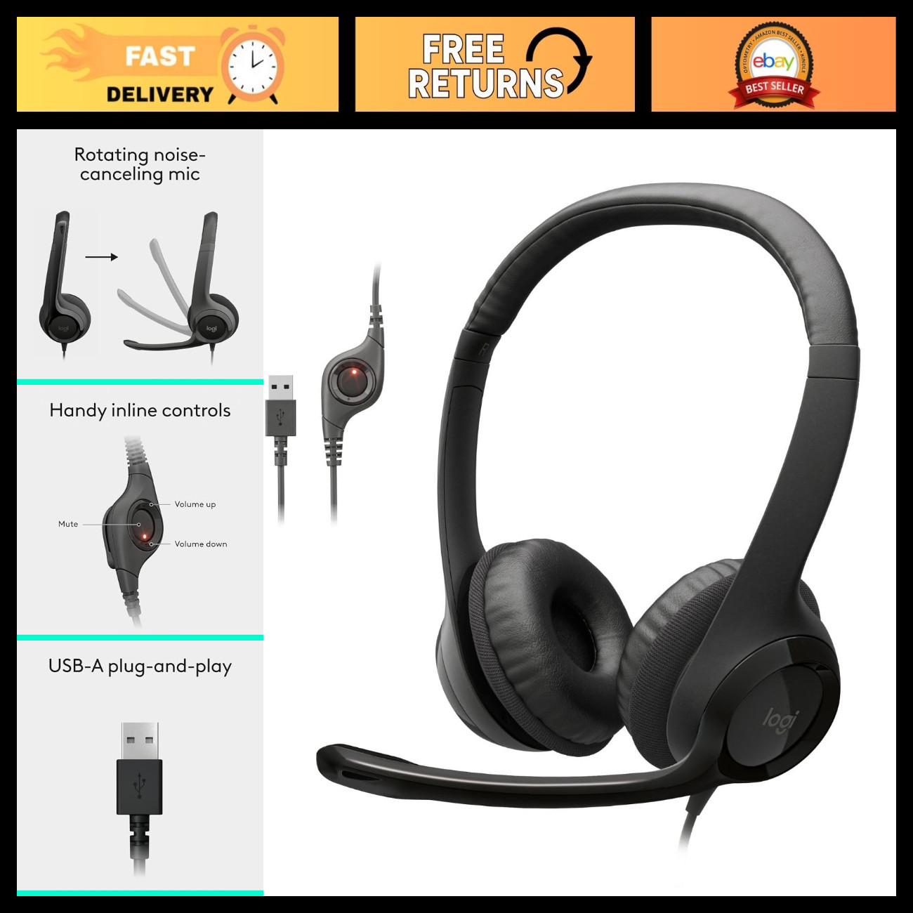 Wired Stereo Headset for PC/Laptop, USB-A Connection, Comfortable Over-Ear Desig
