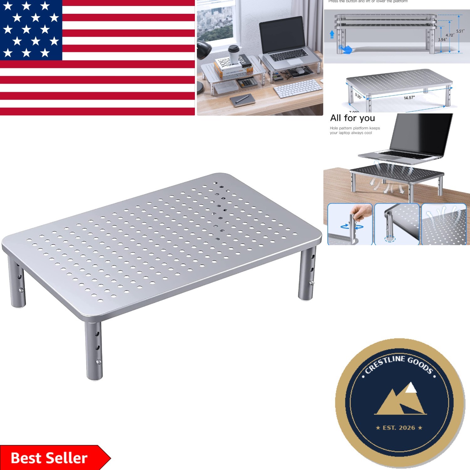 Elegant Mesh Platform Monitor Riser - Height Adjustable for Desk Organization