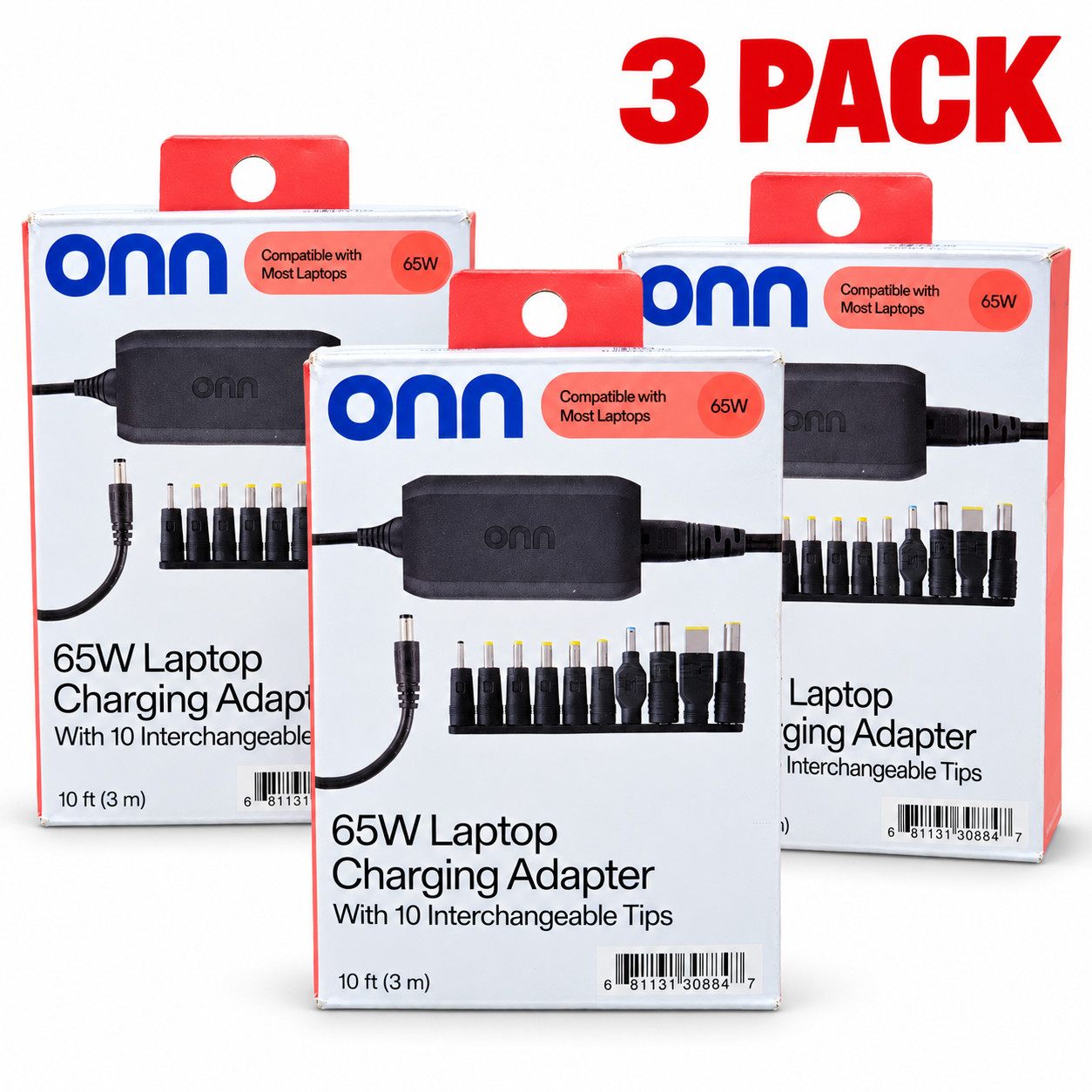 3 Pack Onn Universal 65W Laptop Charger with 10 Interchangeable Tips (100004335)
