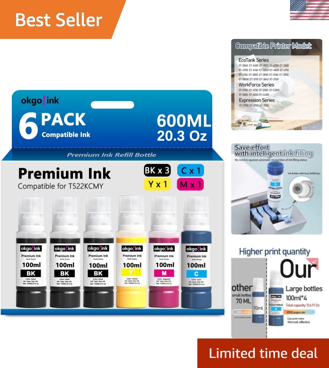 Epson T522 Ink Refill Bottles 6-Pack - 600ml Black & Color,  Certified