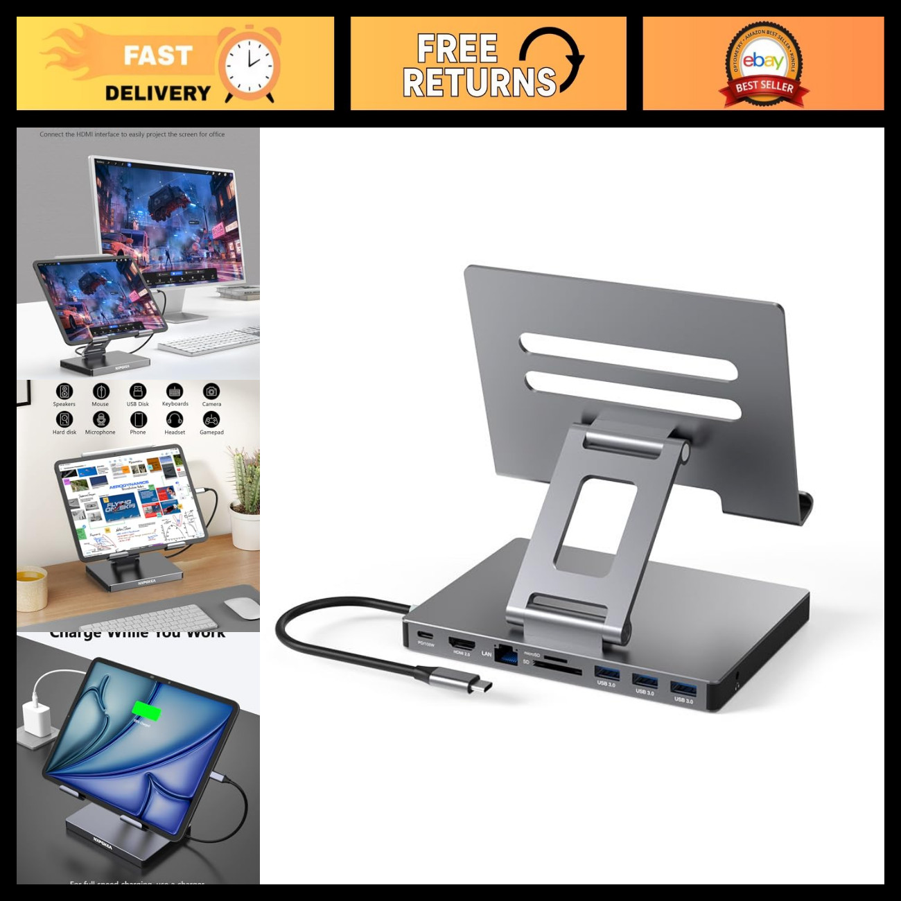 9-in-1 USB-C Hub Stand for iPad Pro, Multiport Adapter with HDMI, SD Card Reader
