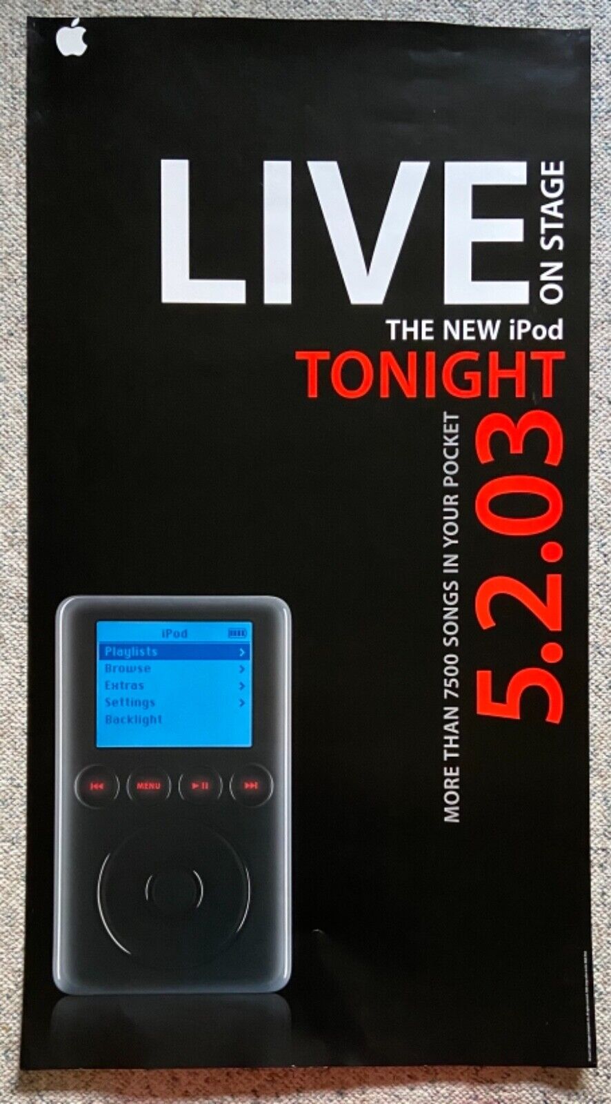 Vintage Apple Poster • LIVE on Stage The New iPod TONIGHT 5.2.03 • 38\