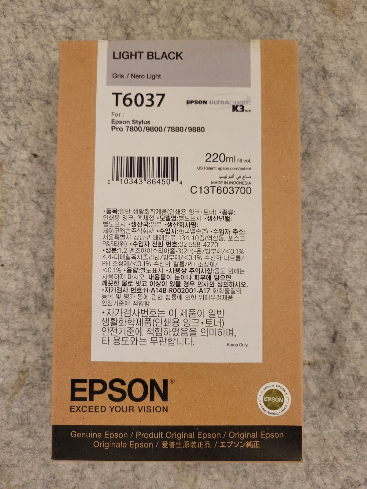 05-2022 GENUINE EPSON T6037 LIGHT BLACK 220ml INK STYLUS PRO 7800 9800 7880 9880