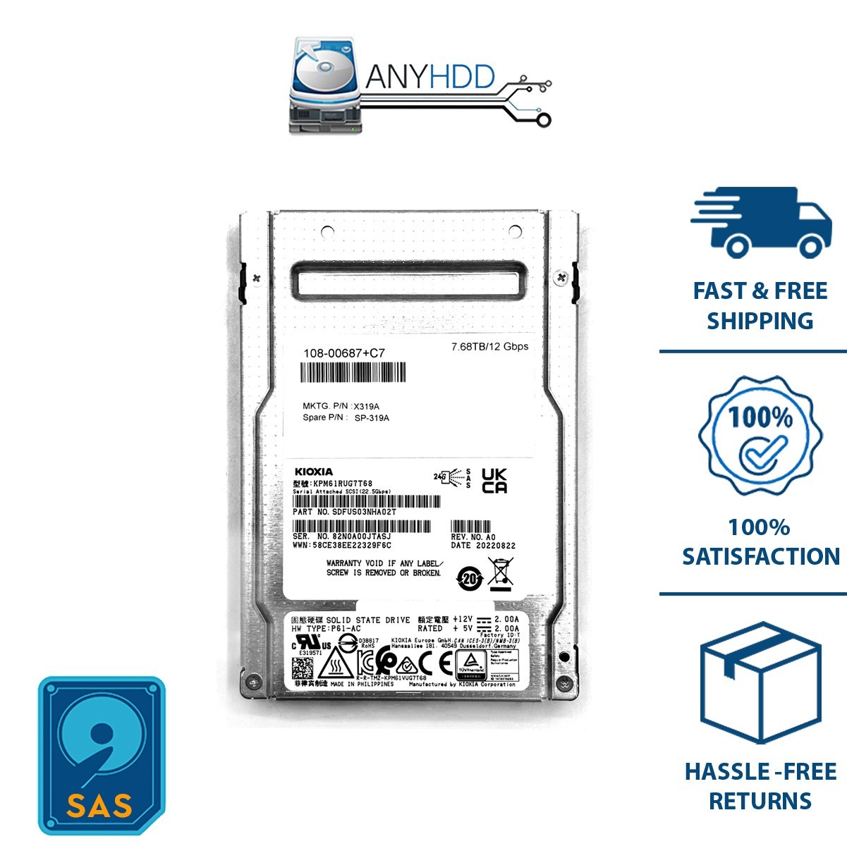 KIOXIA PM6-R 7.68TB 24G SAS 2.5" Enterprise SSD KPM61RUG7T68 NetApp 108-00687+C7