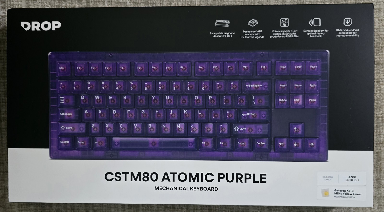Drop CSTM80 Atomic Translucent Purple TKL RGB Mechanical Keyboard 88-Key NEW