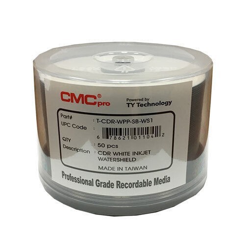 50Pk CMC PRO CD-R, WATERSHIELD GLOSSY White Inkjet Hub Print, 52X  