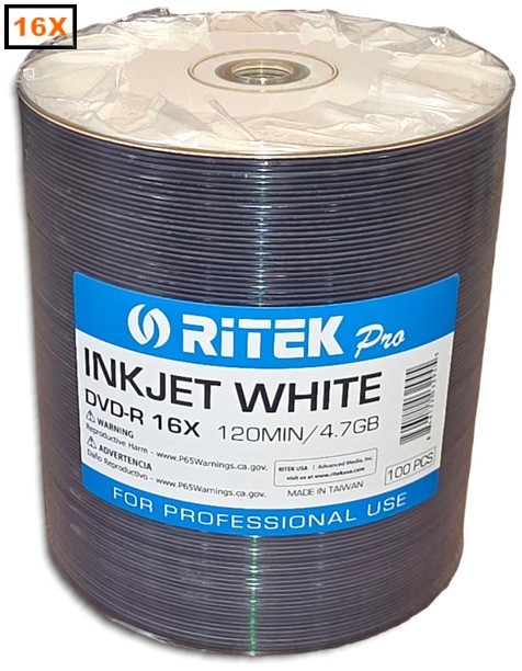 100-Pak Ritek Pro 16X 4.7GB White Inkjet Hub Printable DVD-R's in Tapewrap