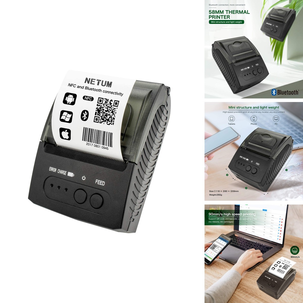 NETUM NT-1809 Bluetooth Receipt Printer 58mm Thermal Compatible Android/Windows