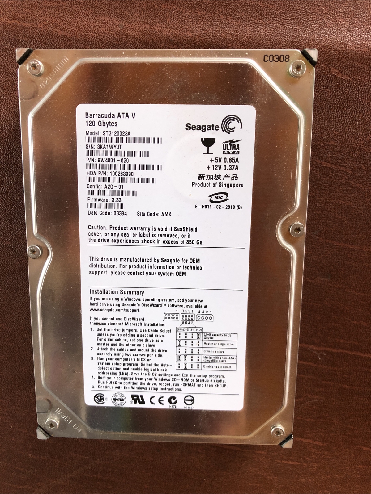 Seagate Barracuda 120GB ATA V HDD - Model ST3120023A - Hard Drive