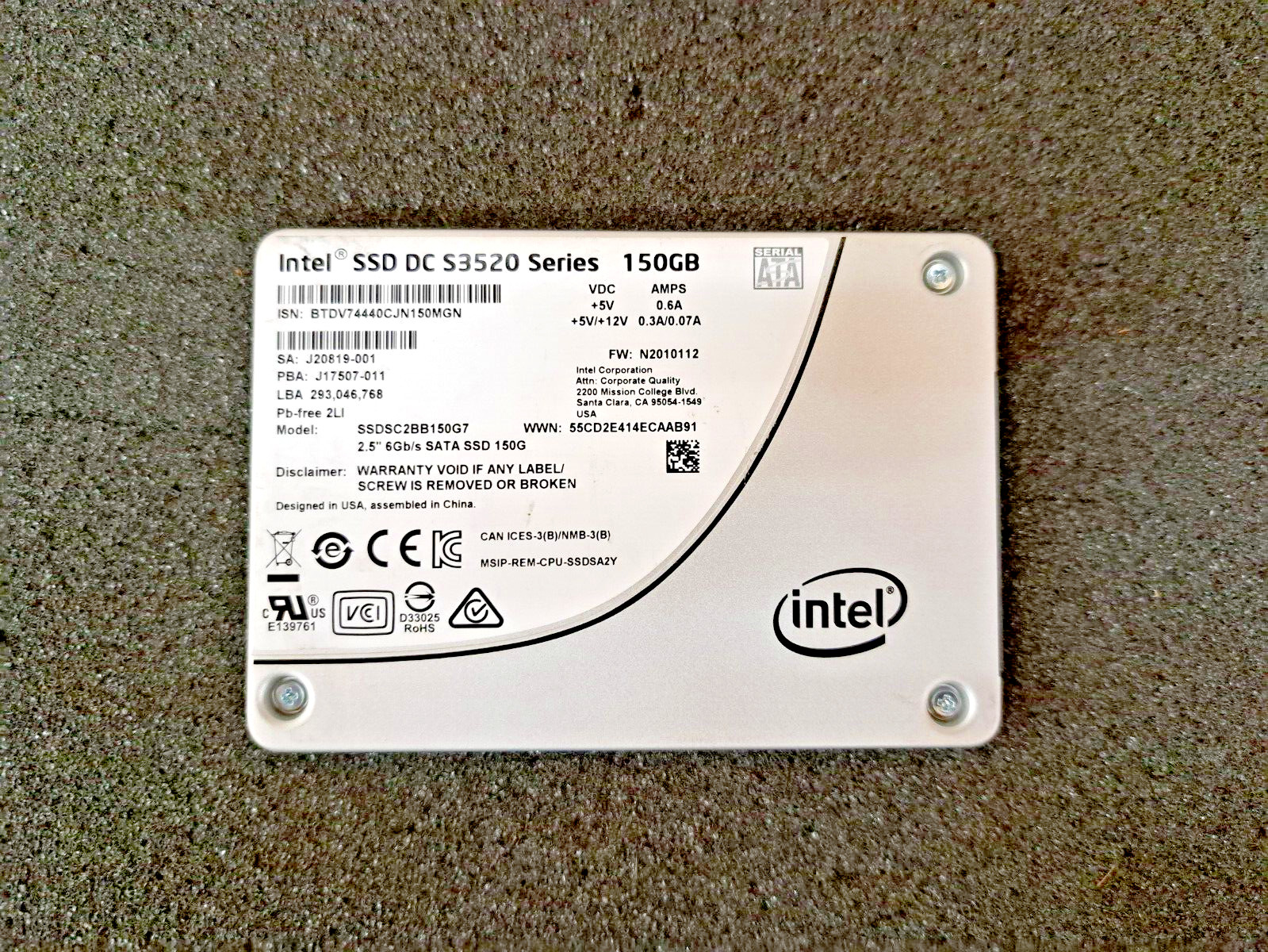 Intel SSDSC2BB150G7 150GB, 2.5in SATA 6Gb/s, 3D1, MLC SSD DC S3520 Series