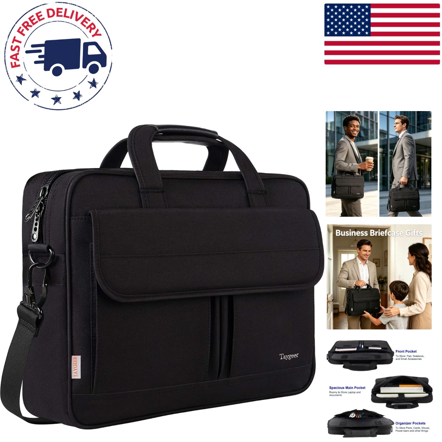 Versatile Black 15.6 Inch Laptop Briefcase with Adjustable Strap & Organization