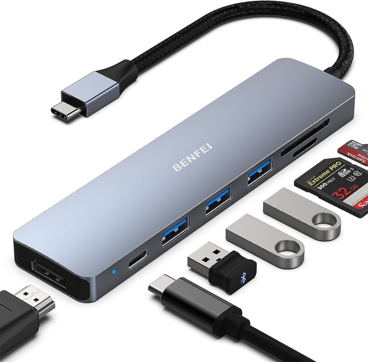 BENFEI USB C HUB 7in1, C Multiport Adapter with USB-C to HDMI, Gray 