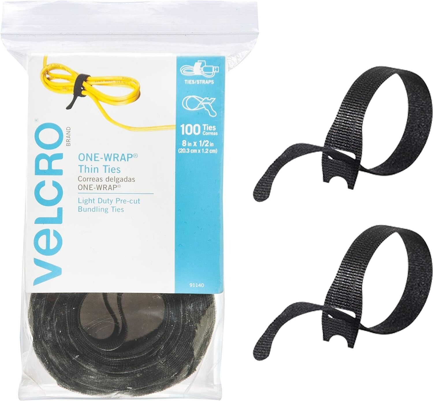 VELCRO Brand ONE-WRAP Cable Ties, 100Pk, 8 x 1/2" Black Cord Organization Straps