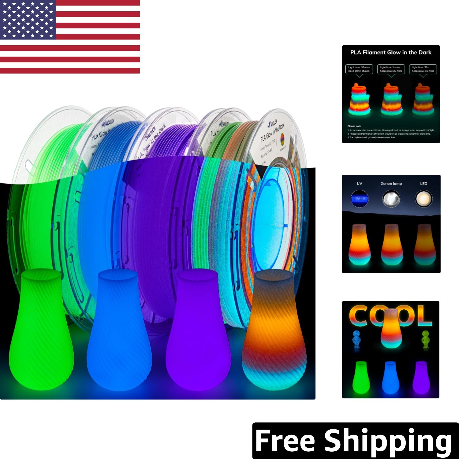 1.75mm Multicolor Glow Filament - Perfect for Eye-Catching 3D Printing Projects
