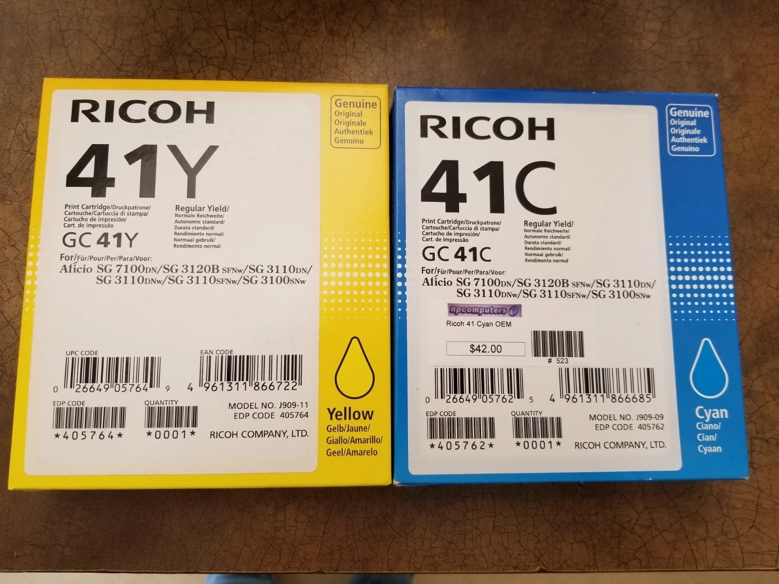 OEM Genuine Ricoh GC41Y Yellow GC41C Cyan  Cartridges OEM New Sealed Lot of 2