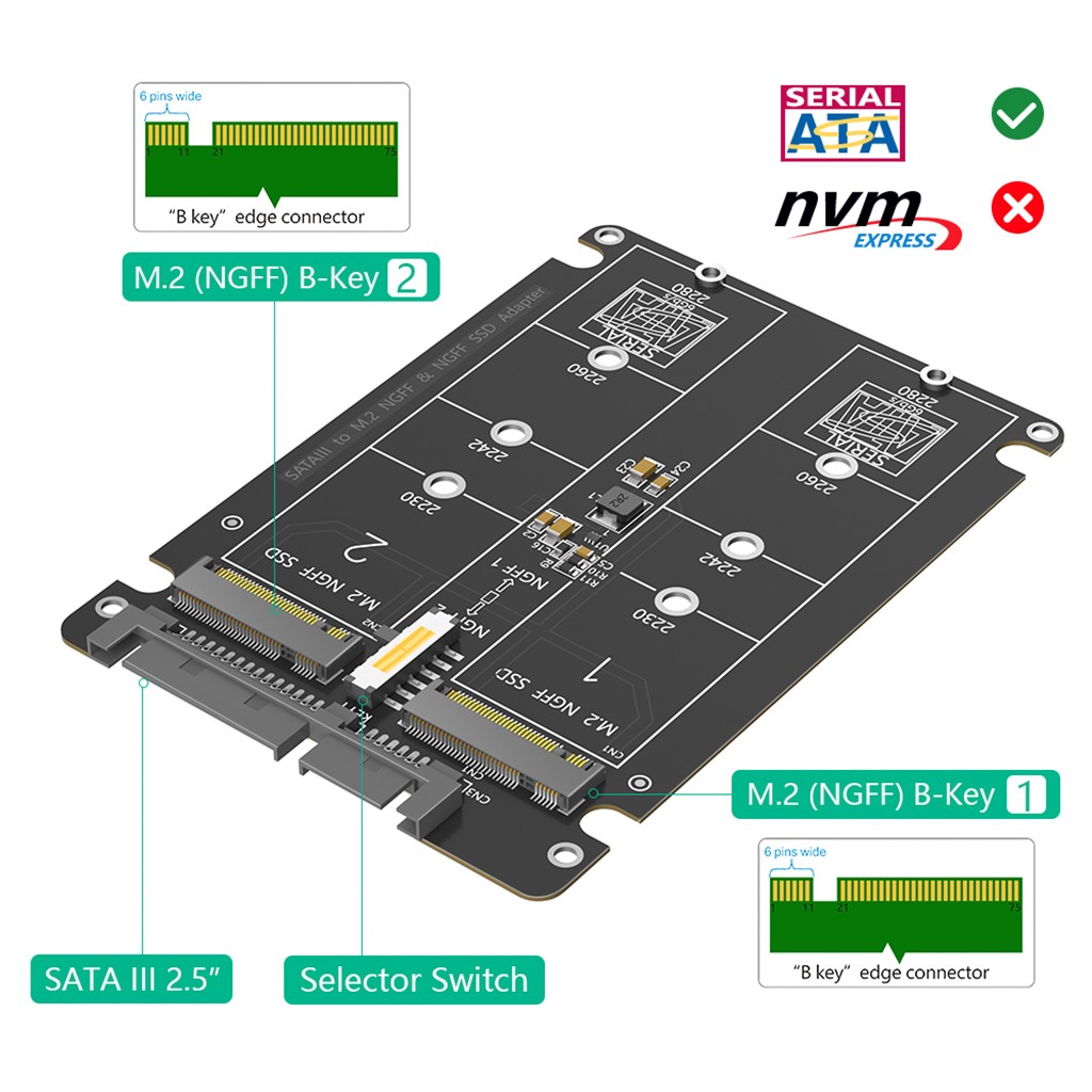 Dual  NGFF M.2 B Key  SSD to 2.5  SATA III With Black Plastic Enclosure