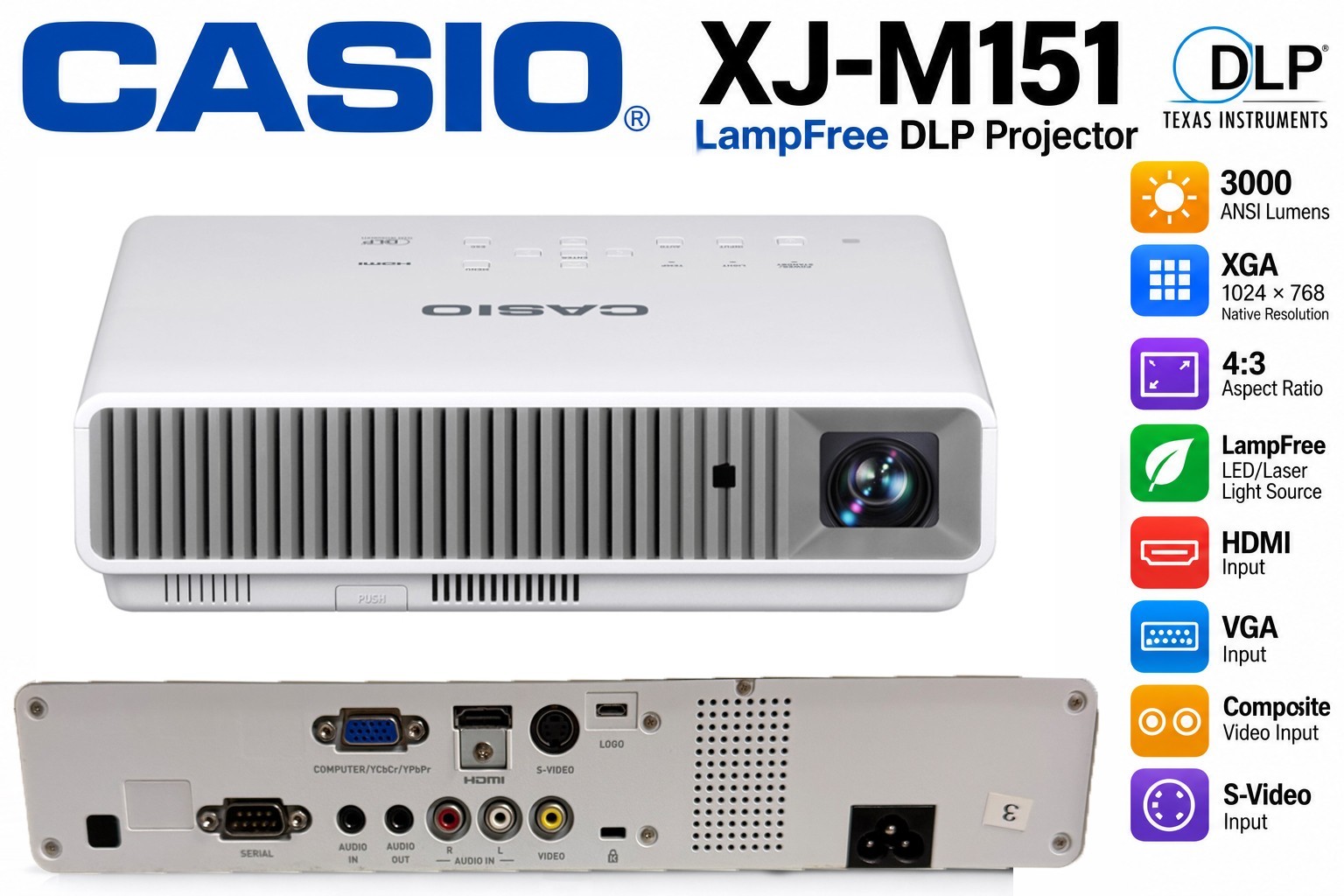 Casio XJ-M151 LampFree DLP Projector 3000 Lumens HDMI VGA Made in Japan