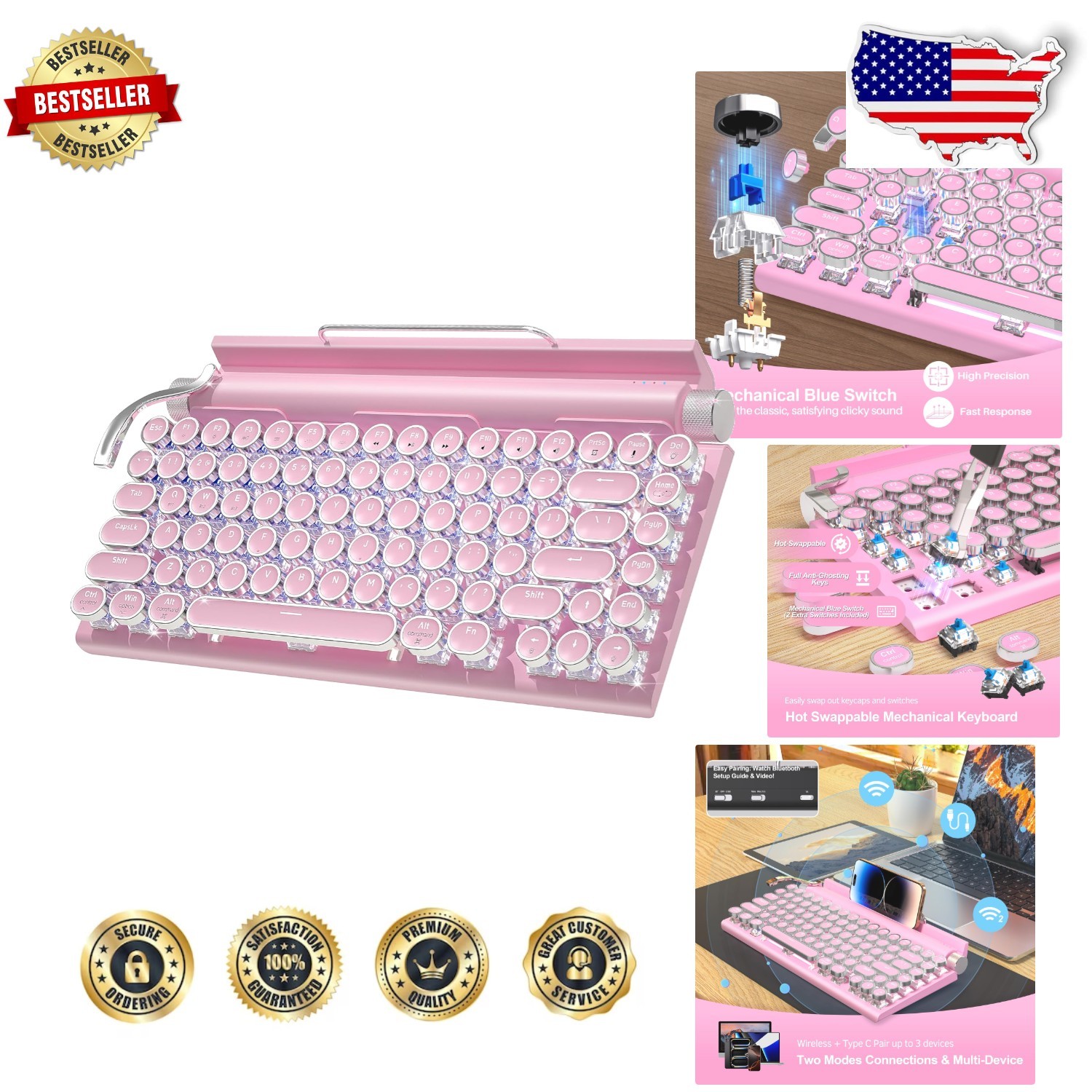 Retro Typewriter Mechanical Keyboard Pink Bluetooth 5.0 83-Key Blue Switch LED