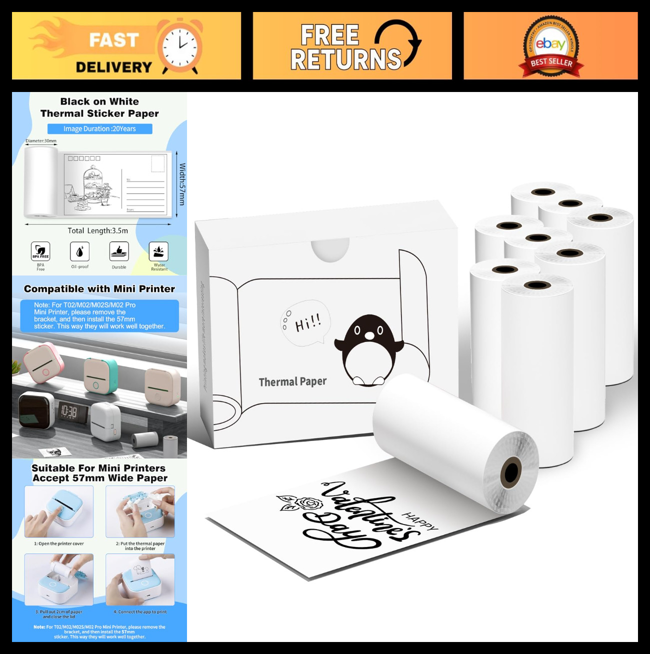 9 Rolls Mini Thermal Sticker Paper 57x30mm for Inkless Receipt Printers, Portabl