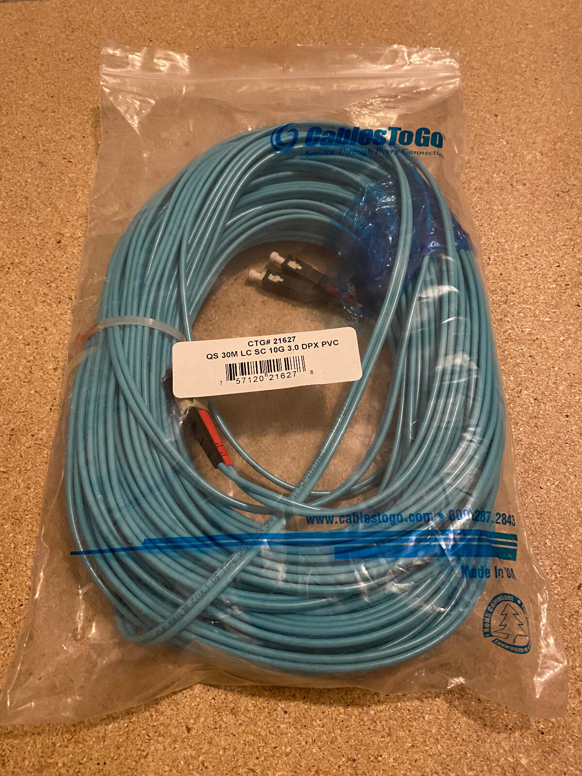 CablesToGo 30m LC/SC 10Gb OM3 Multimode Aqua Fiber Cable (#21627) - Brand New