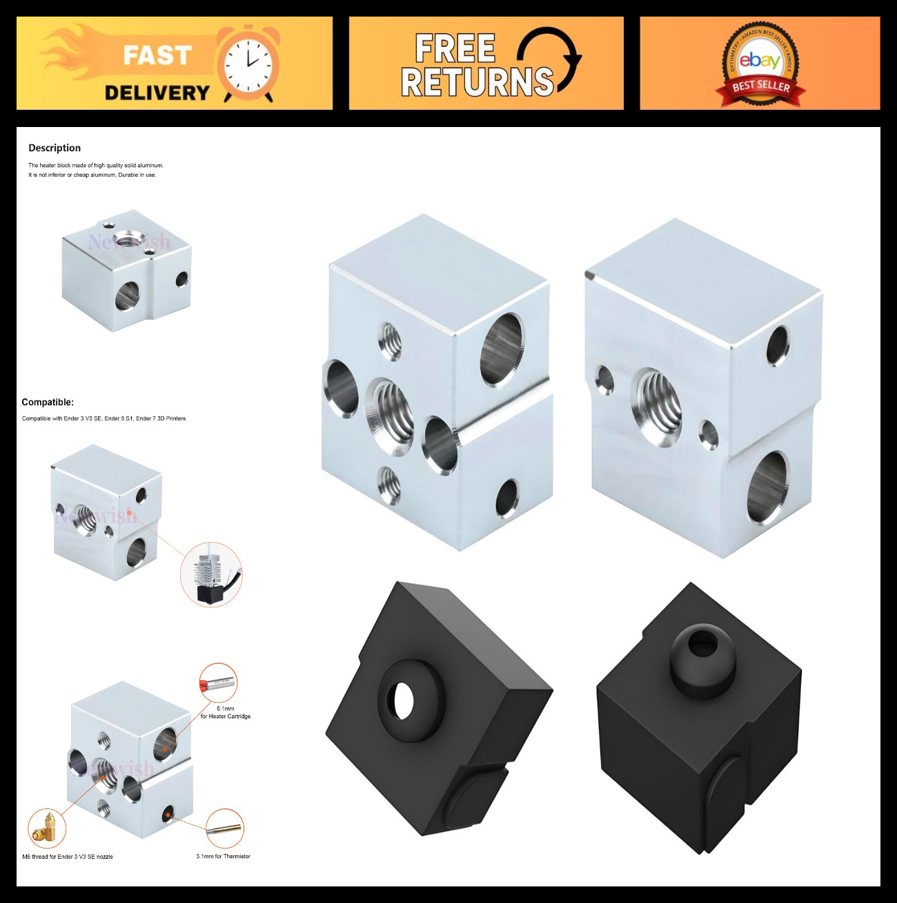 3D Printer Heater Block Upgrade Kit - Aluminium Heating Block & Silicone Socks (