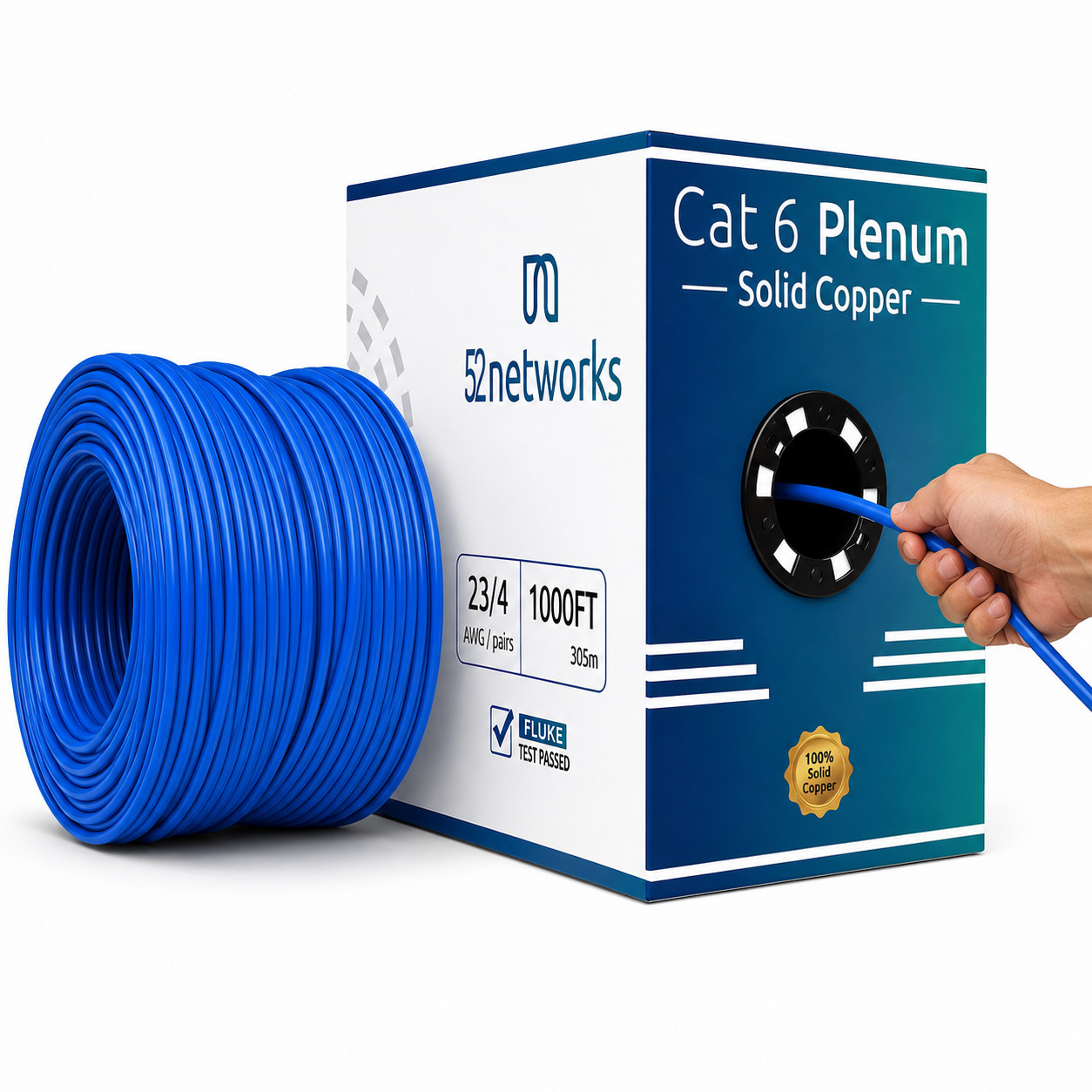 52Networks Cat6 Plenum Solid Copper UTP 1000ft Cable Easy Pull Box in 9 Colors