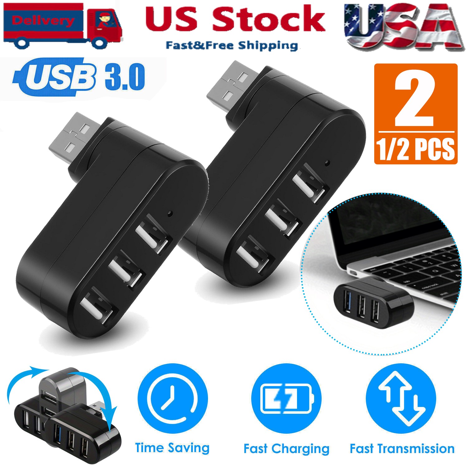 1/2pcs 3-Port USB Hub 90°/180° Degree Rotatable USB Splitter Expander Multiport