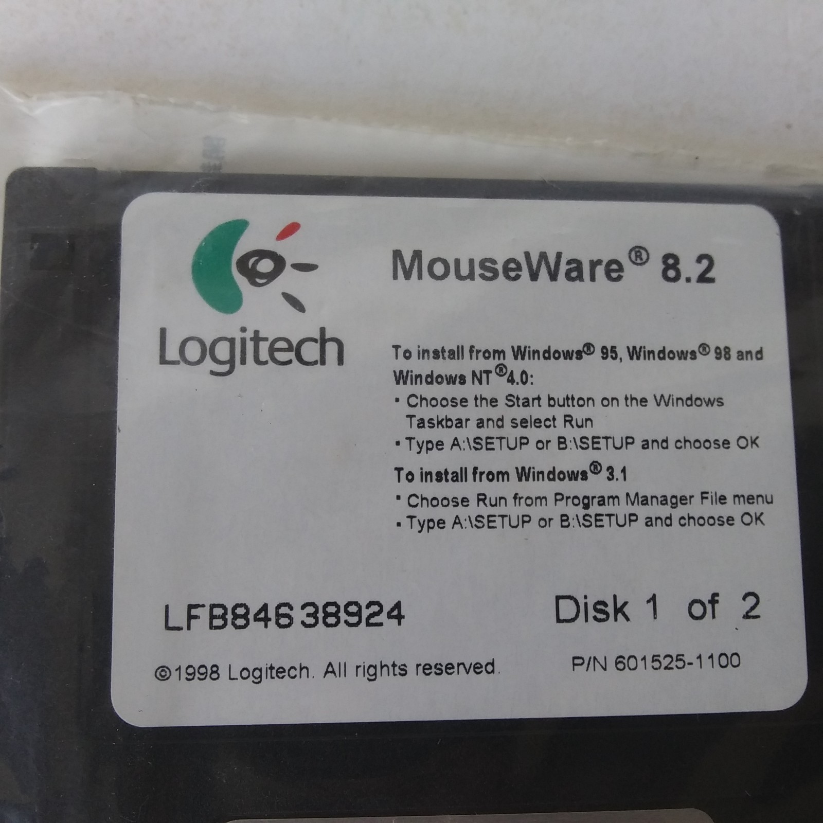 Logitech MouseWare 8.2 Driver Software Disk 1 of 2 3.5" Floppy Vintage 1998