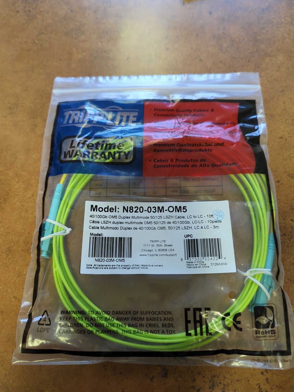 Tripp Lite 100Gb Duplex Multimode 50/125 OM5 LSZH Fiber Optic Cable (LC/LC) 3m