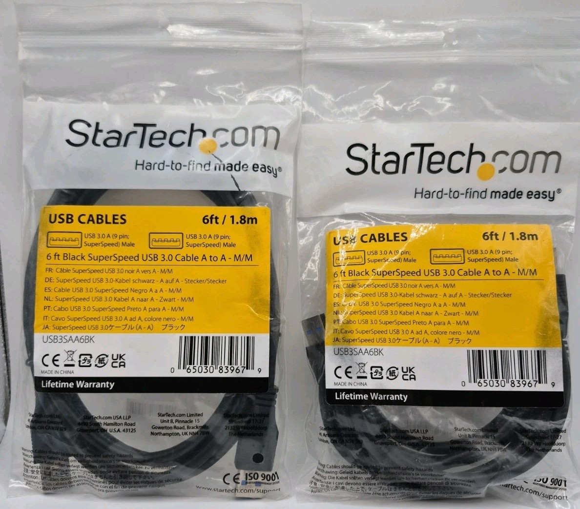 Two 6ft StarTech SuperSpeed USB 3.0 Cable A to A - USB 3 A to USB 3 A USB3SAA6BK