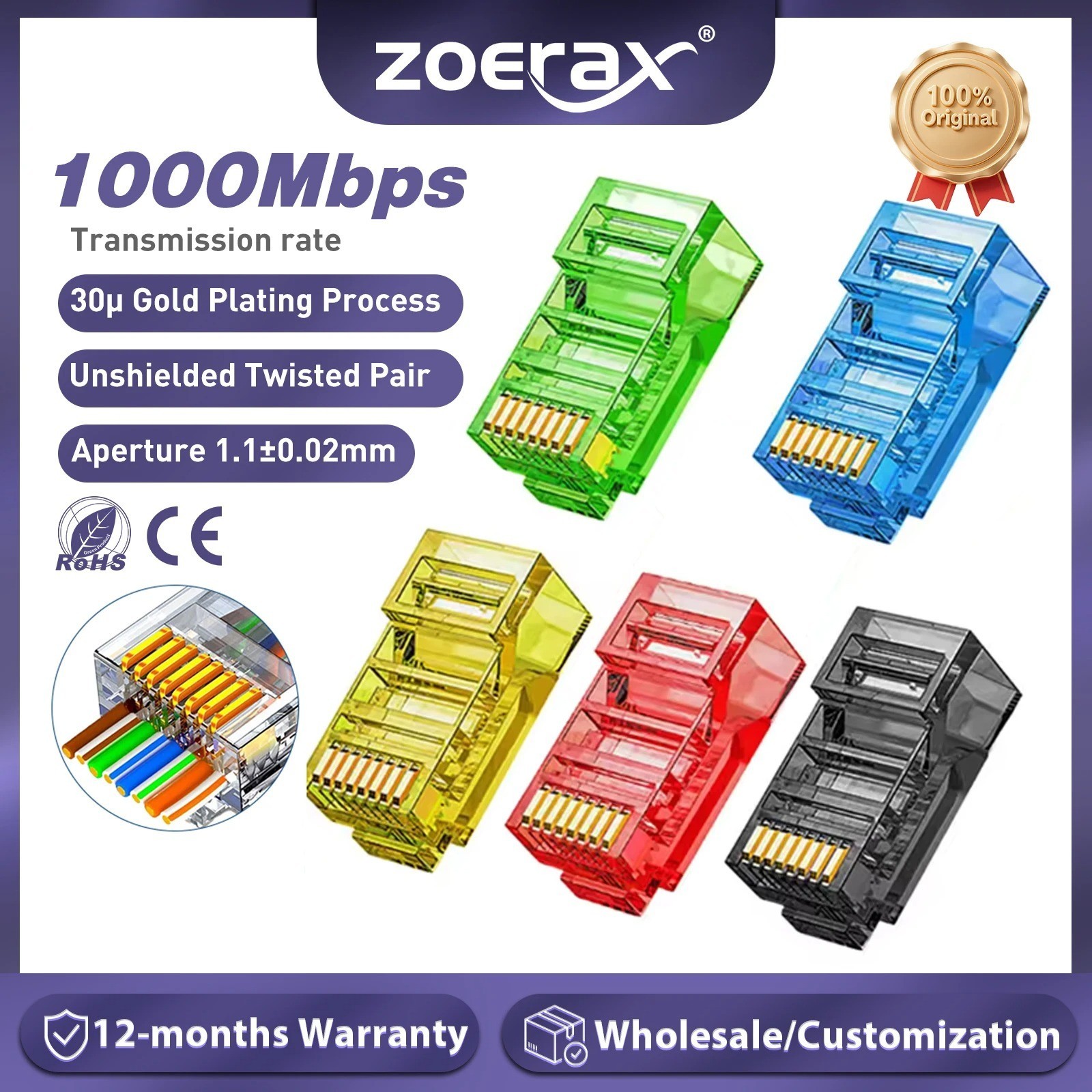  ZoeRax 100PCS RJ45 Cat6 Pass Through Connectors EZ to Crimp Modular Plug